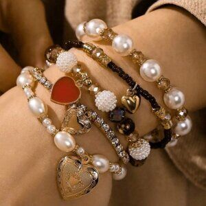 Lush Alloy Heart-Shaped Locket, Pearl & Bead Multi-Layer Fashion Bracelet #186